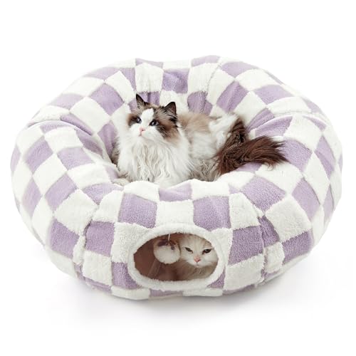 Lesure Donut Cute Jacquard Cat Tunnel Bed Kitten Toys for Puppy Bunny (Standard (33.5"L x 33.5"W x 10"H) / Lavender Checks)