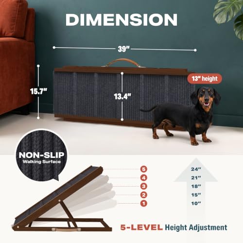 Adjustable Dog Ramp for Bed (Brown / 39" Long x 13.4" Walking Space)