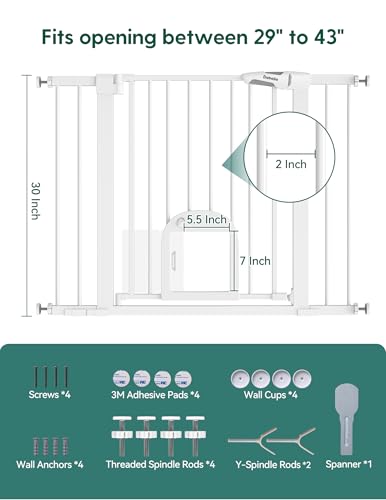 Dog Gate with Adjustable Cat Door (White / 29-43" Wide, 30" Tall)