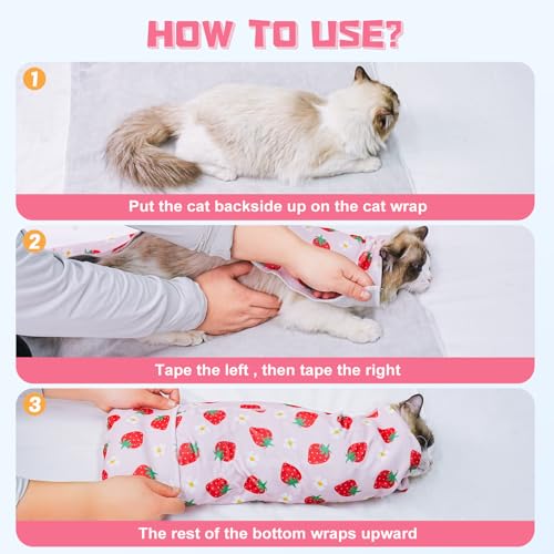 Cat Grooming Wrap for Nail Trimming (L-27.6in ( Weight:＜ 17lbs ) / Srawberry)