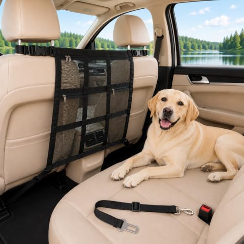Dog Car Barrier Divider Net with 3 Zipper Storage Bags and Seat Belt