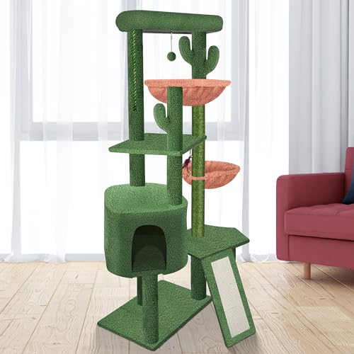 Wang Xin Four Layer Big Cat Tree with Huge Cat Condo and Two Hammocks Scratch Pad (Large / Green)