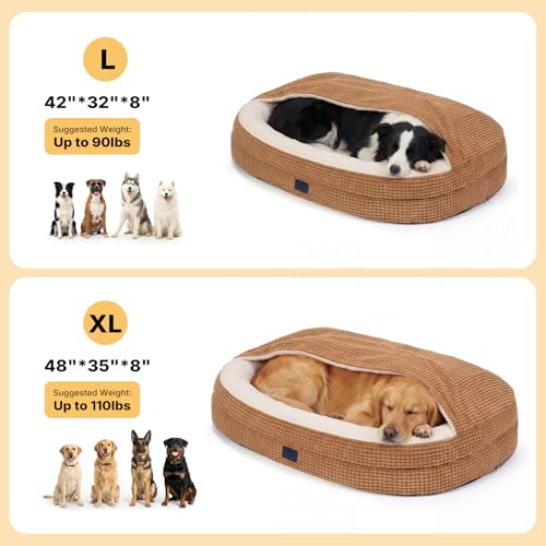2-in-1 Dog Cave Bed with Cover, Covered Dog Bed for Large Dogs (Brown / 48"L x 35"W x8"Th)