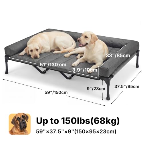 Outdoor Elevated Dog Bed with Waterproof Bolster Cushion (Black Silver / 59.0"L x 37.5"W x 9.0"Th)