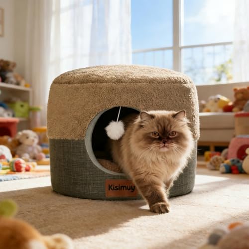 2-in-1 Cat Bed Cave, Cozy Covered Cat Beds for Indoor Cats,Pet Bed (Brown / L-19.7"Lx19.7"Wx15"H)