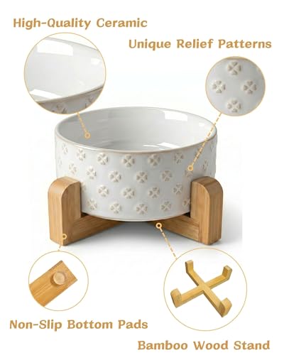 Ceramic Dog Bowl with Wood Stand (M-3.5 Cups / 06-Four-Leaf Clover)