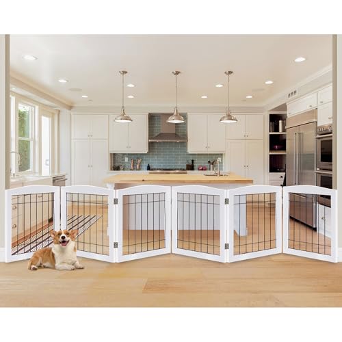 6 Panel Extra Wide Wooden Freestanding Dog Gate (24"Height-6 Panel / White)