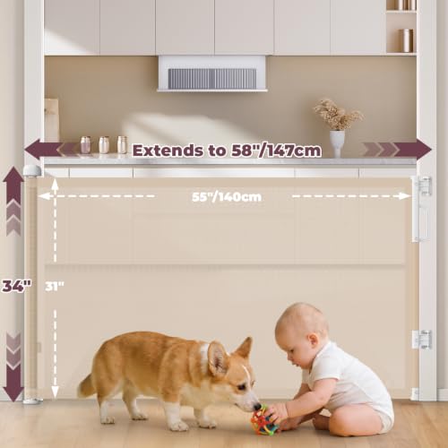 Retractable Baby Gates for Doorway (Beige / 34" Tall x 58" Wide)