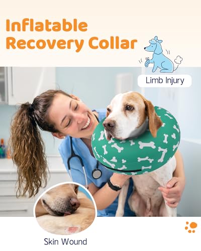 Inflatable Dog Cone Collar Alternative After Surgery (T Bone Green / S(Neck 7"-9.5"))
