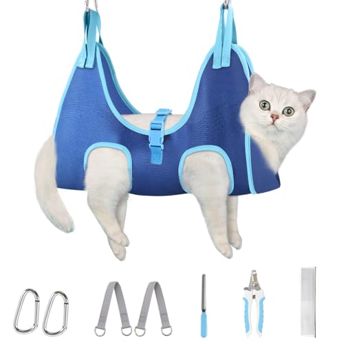 Cat Grooming Hammock (XS（ Legs Spacing：4.9”-10.5" / Max W：8-14LBS） / Blue)