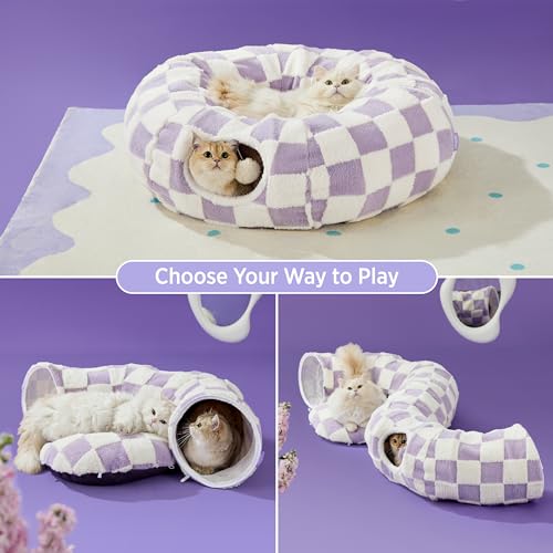 Lesure Donut Cute Jacquard Cat Tunnel Bed Kitten Toys for Puppy Bunny (Standard (33.5"L x 33.5"W x 10"H) / Lavender Checks)