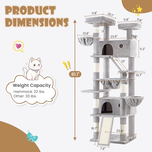 81in Multi Level Tall Cat Tree Tower for Indoor Kitties (Grey)