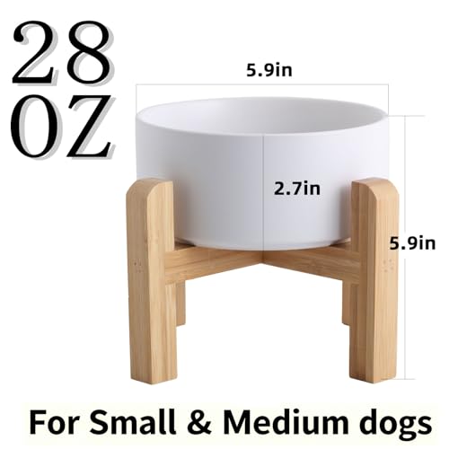 Elevated Raised Ceramic Dog Bowl with Bamboo Stand (White / Medium)
