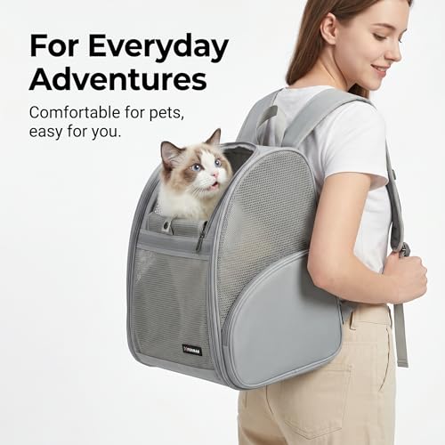 Cat Backpack Carrier for Small Dogs and Medium cat Puppy Kitten Bunny Pet Carrier Backpack Collapsible with Fully Ventilated Mesh with Safety Leash (Gray / 12.9"L x 10.62"W x 15.5"H)