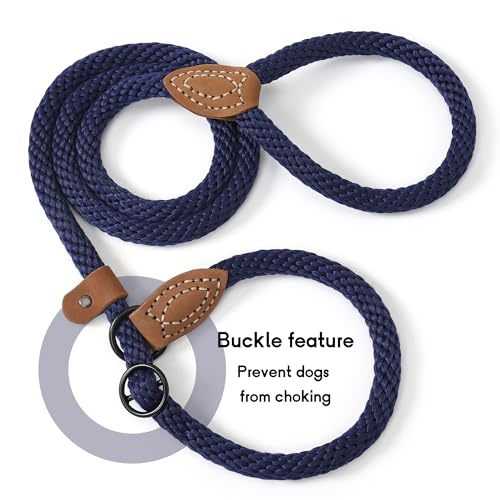 Heavy Duty Slip Lead No Pull Leash w Leather (Navy / 6 Feet)
