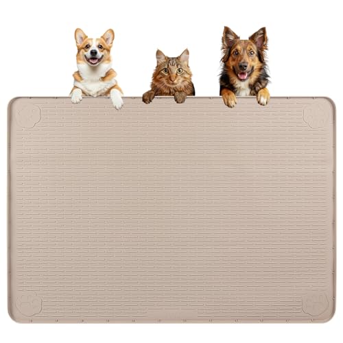 Dog Food Mat 40''x28'' Extra Large Dog Mat for Food and Water (40"L x 28"W / Khaki)