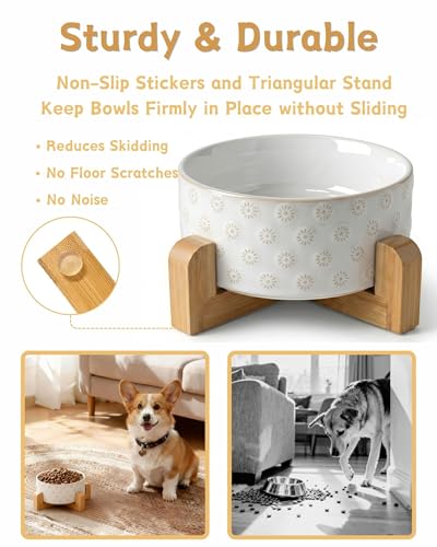 Ceramic Dog Bowl with Wood Stand (M-3.5 Cups / 07-Daisy)