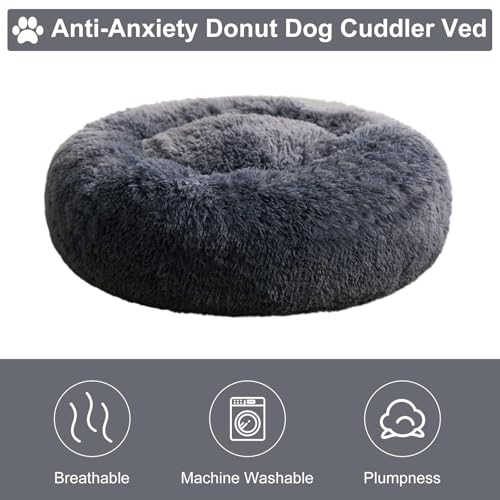 Large Round Calming Dog Bed Cat Bed for Comfy Sleep (45"L x 45"W x10"Th / Navy Grey)