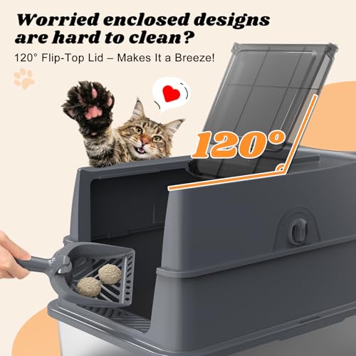 Enclosed Stainless Steel Cat Litter Box with Lid High Sided (Transparent Grey / X-Large)