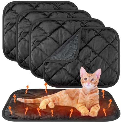 4 Pack Self Heating Cat Pad Self Warming Dog Mat Reflects Body Heat Extra Warm Thermal Pet Pad Washable Dog Cat Bed Crate Bed Mat Blanket (16 x 20 Inch / Black)