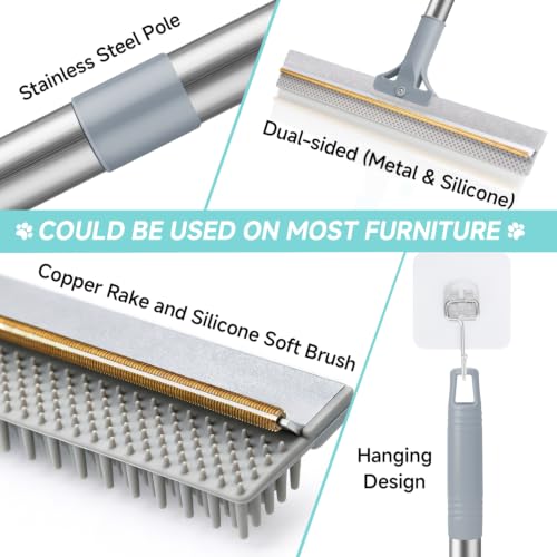 Carpet Rake for Pet Hair Removal Tool (54in-3 pcs-Rake-Grey)