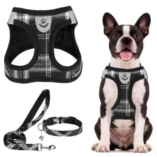 Dog Harness Collar and Leash Set No Pull for Small Medium Sized (Black / L (CHEST 18"-20"))