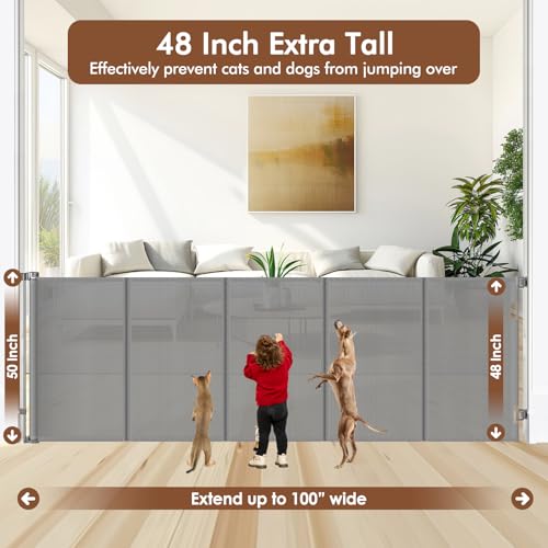Reinforced 48" Extra Tall X 100" Extra Large Baby Gates for Wide Openings Long Dog Gate for Doorway Mesh Gates for Pets Retractable Dog Gate Indoor (Gray / Reinforced 48" Tall x 100" Wide)