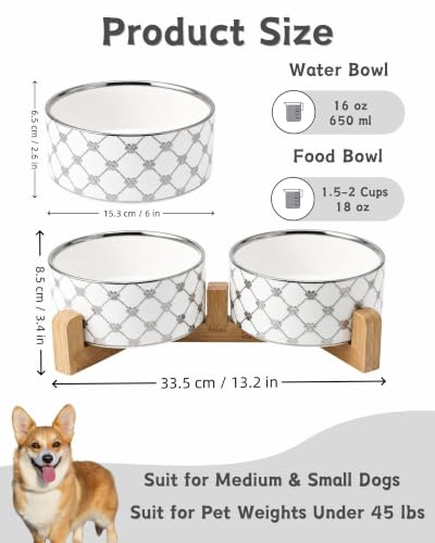 Ceramic Dog Bowl Set of 2 with Wood Stand (M-3.5 Cups / 03-Sliver Paw)