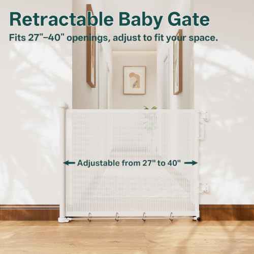 27 40" Retractable Baby Gates for Stairs & Doorways (White / Retractable Width: 27"–40")