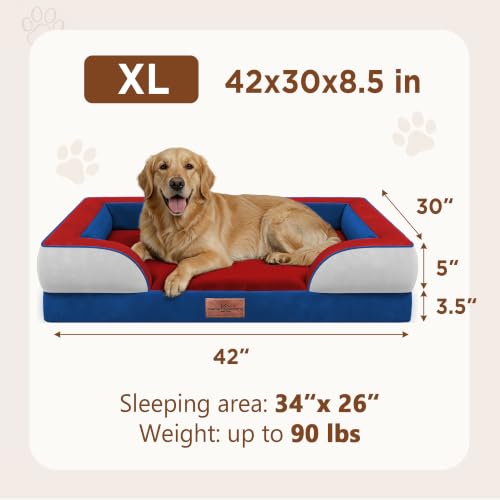 Orthopedic Dog Bed for Extra Large Dogs with Bolster (42.0"L x 30.0"W x 8.5"Th / Primary Tri-Color)