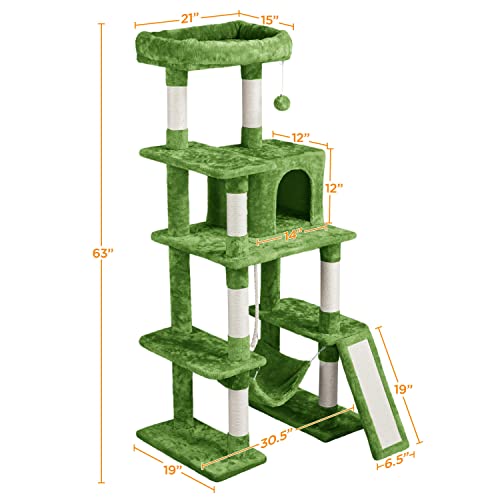 63in Sturdy Large Cat Tree for Indoor Heavy Cats (Green / 63in)