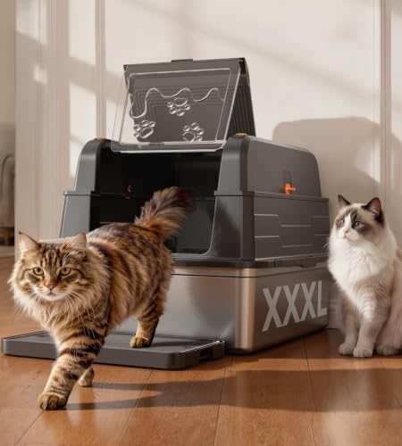 Upgrade XXXL Stainless Steel Cat Litter Box 3 (Silver Black / Real XXXL Size: Up to 152L)