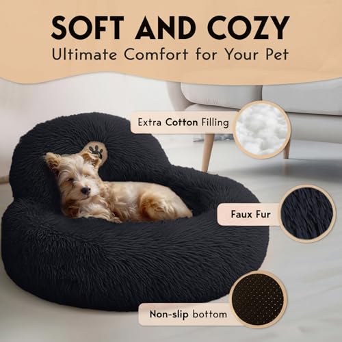 PetJett Calming Dog Bed for Small Dogs (Black / Small - 23”L x 23”W x 8”Th)