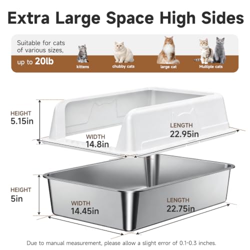 High Sided Stainless Steel XL Cat Litter Box for Cats (White XL)