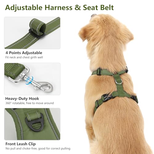 Dog Seat Belt Vest Harness for Car (Full Army Green / L (Chest: 22-32.3", Neck: 16.9-26"))