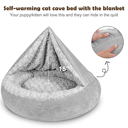Small Dog Bed Cat Bed with Hooded Blanket (S(23" x 23" x 7") / Grey)