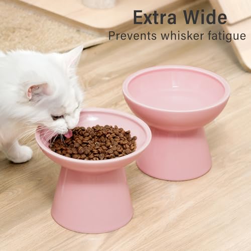 2 Pack Elevated Ceramic Cat Bowls Extra Wide for Food & Water (Pink)
