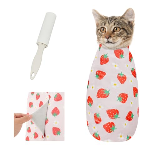 Cat Grooming Wrap for Nail Trimming (L-27.6in ( Weight:＜ 17lbs ) / Srawberry)