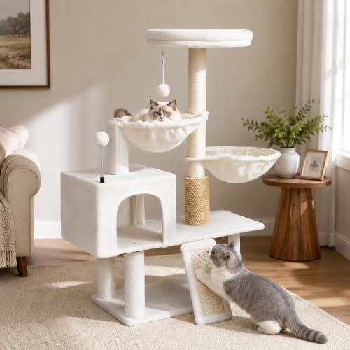 Cat Tree with Cat Condo and Two Hammocks (Small / Beige2)