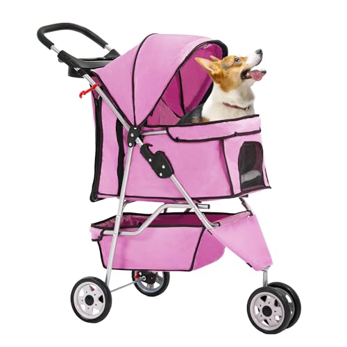 3 Wheel Foldable Pet Stroller (Peach Pink / 3 Wheels)