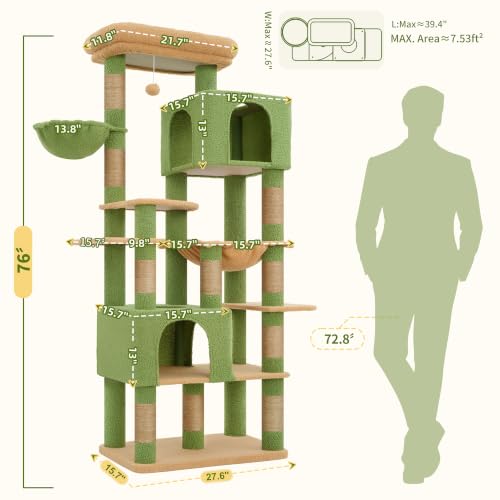 Cat Tree, 76-Inch Tall Heavy Duty Cat Tower for Big Cats HCT039GY (Green and Yellow / 76.8 inch)