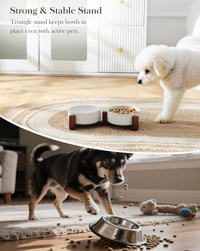 Dog Bowl Set Ceramic Bowls with Walnut Wood Stand (Five-leaf Grass+Honeycomb / 2 Cups)