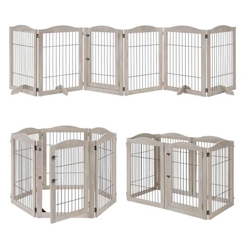 132" Extra Wide Dog Gate and Pet Playpen with Walk Through Door (Weathered Grey / 132"W×31.5"H)