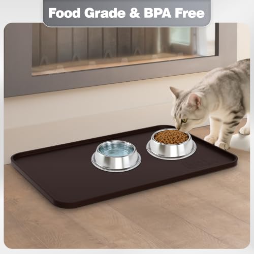 Silicone Dog Cat Food Mat Extra Thick Raised Edge (Brown / 18"L x 12"W)