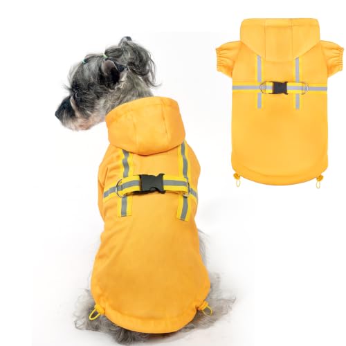 Dog Raincoat with Hood & Harness Built (XS (Back 10", Chest 16.9", Neck 12") / Yellow)