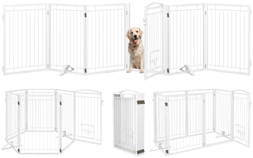 Metal Freestanding Dog Gate with Cat Door for Indoor&Outdoor (White / 【6 Panels with Door】120"W×32"H)