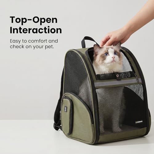 Cat Backpack Carrier for Small Dogs and Medium cat Puppy Kitten Bunny Pet Carrier Backpack Collapsible with Fully Ventilated Mesh with Safety Leash (DarkGreen / 12.9"L x 10.62"W x 15.5"H)