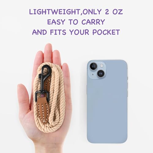 Dog Leash Braided Cotton Rope with Leather (Light Brown / 48 Inch-1/3")