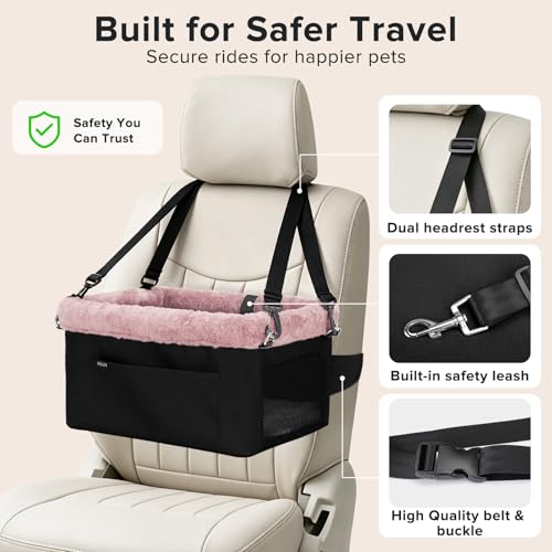 Deluxe Dog Booster Seat with Sturdy Metal Frame and Safety Leash for Small Pets up to 20 lbs (Pink)