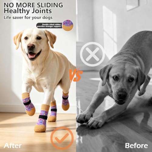 Anti Slip Dog Socks for Prevent Licking Paws & Hardwood Floor (Purple / X-Small(6 Pack))